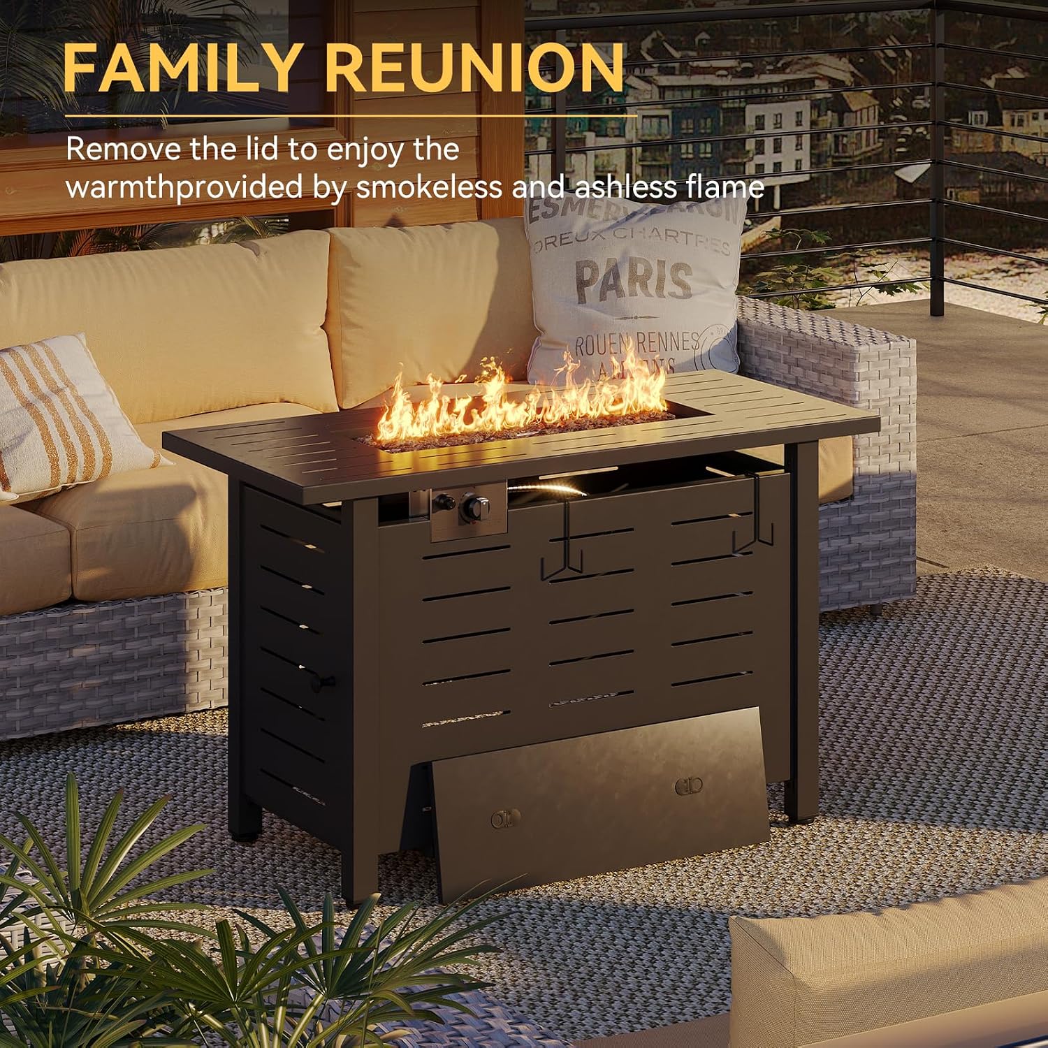Aoxun 40 Inch Outdoor Propane Fire Pit - 50,000 BTU Gas Fire Pit Table with Lava Rocks, Patio Heater Rectangle Fire Table with Removable Lid & Waterproof Cover for Deck, Backyard, Garden, Black