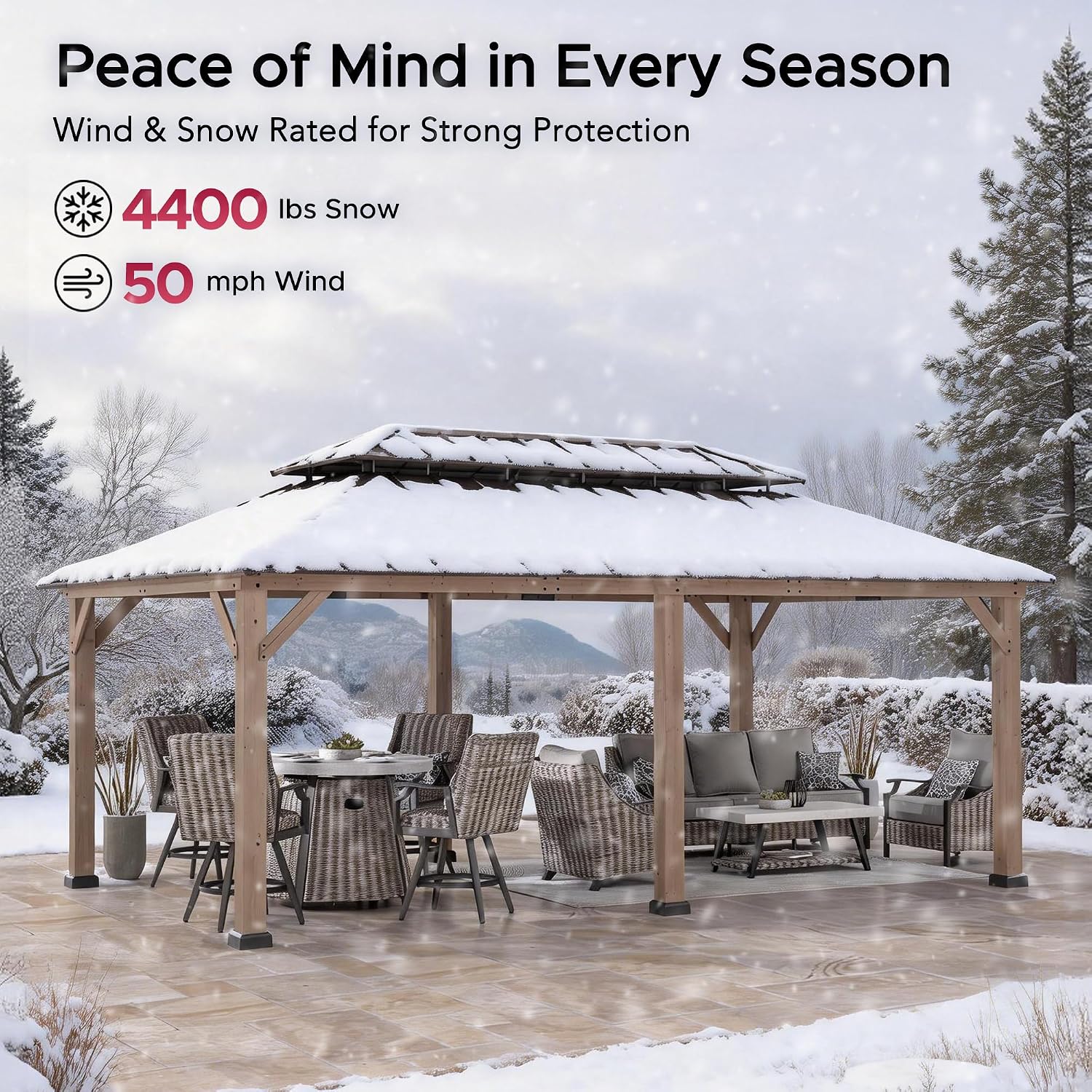SUNJOY 12 x 20 ft. Wood Gazebo, Outdoor Patio Cedar Framed Wooden Hardtop Gazebo with 2-Tier Metal Roof, Suitable for Patios, Lawn, and Backyard, Dark Brown Roof + Dark Wood Frame
