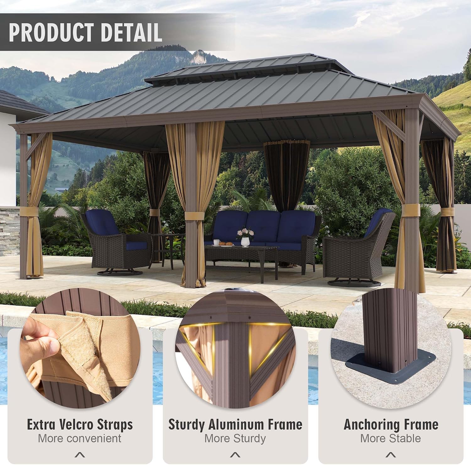 12'x18' Hardtop Gazebo with Netting and Curtains, Outdoor Aluminum Frame Pergola, Heavy Duty Metal Double Roof of Galvanized Steel Pavilion for Patio, Backyard, Deck, Lawns