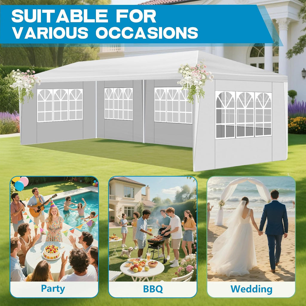 Nyckolas White 10x30 Outdoor Canopy Tent for Party,5 Removable Sidewalls with Windows,Sunshade & Waterproof,Heavy Duty Metal Frame,Easy to Assemble,Perfect for Outdoor Events,Party,Backyard,Camping