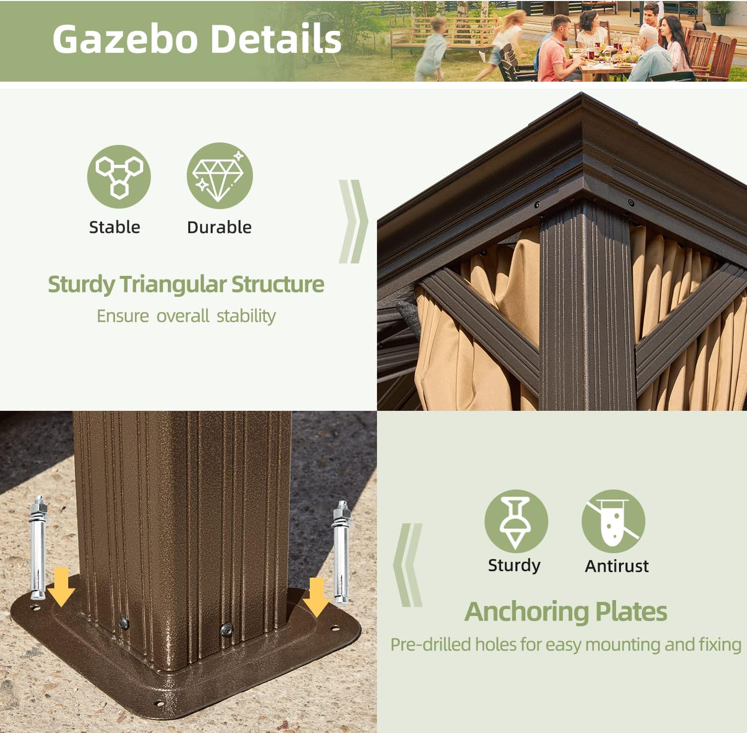 YOLENY 12' X 16' Hardtop Gazebo Galvanized Steel Outdoor Patio Canopy Permanent Gazebos with Single Roof Aluminum Frame, Netting & Curtains for Garden, Patio, Lawns, Deck
