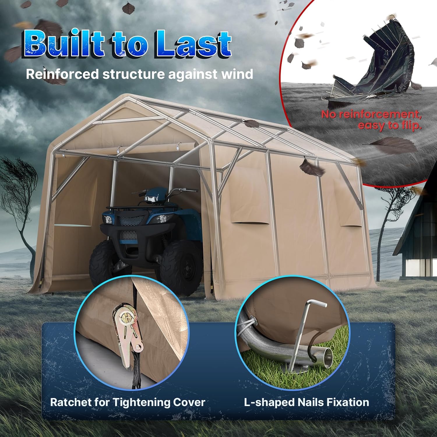 ADVANCE OUTDOOR 10X15 ft Garage Shelter Steel Metal Peak Roof Portable Storage Shed Carports for Motorcycle Boat, or Garden Tools with 2 Roll up Doors & Vents, Beige