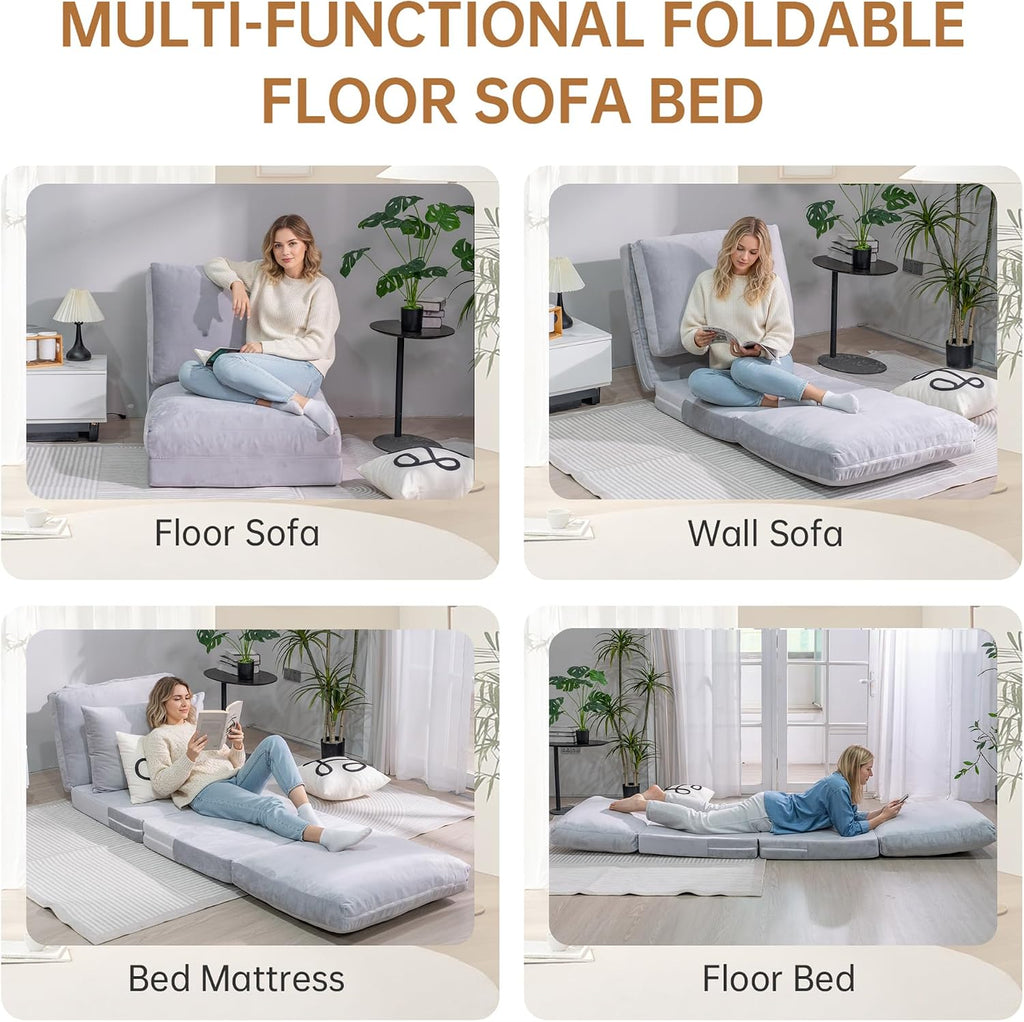 Cvortll 4-in-1 Folding Sofa Bed, Memory Foam Bean Bag Chair, Large Convertible Couch, Floor Foldable Sofa for Bedroom, Living Room, Apartment(Grey-Small)