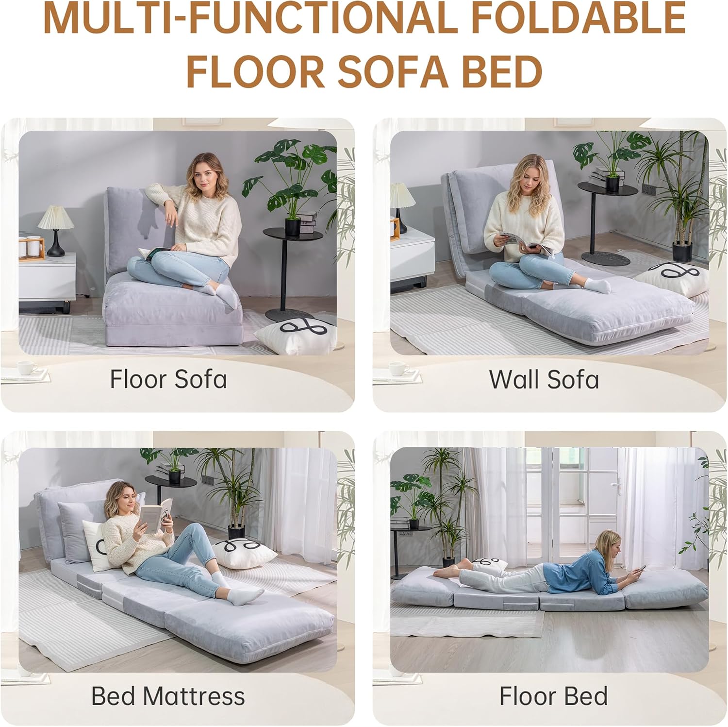 Cvortll 4-in-1 Folding Sofa Bed, Memory Foam Bean Bag Chair, Large Convertible Couch, Floor Foldable Sofa for Bedroom, Living Room, Apartment(Grey-Small)