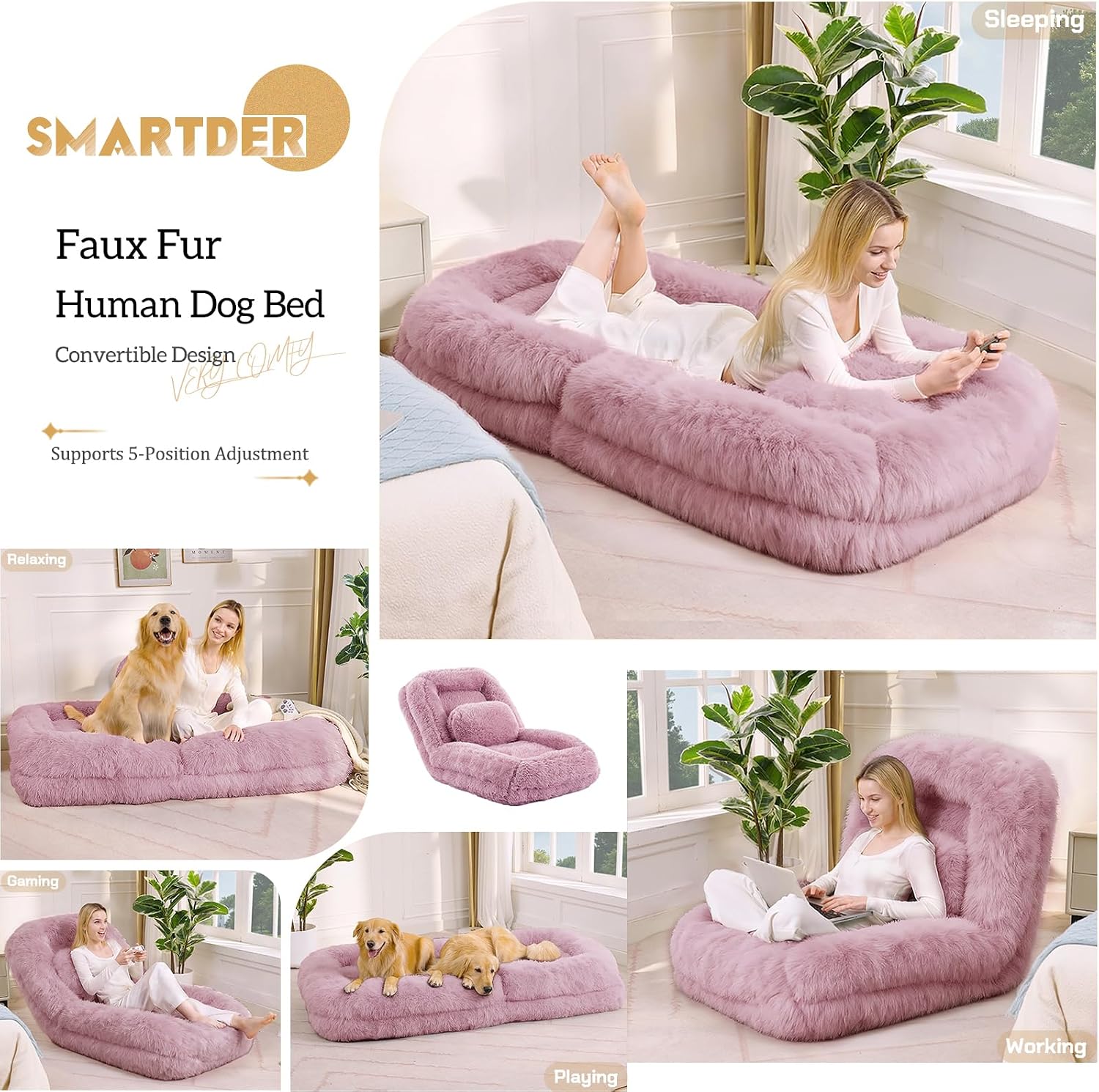 Adjustable Plush Human Dog Bed Lounger for Adult, 5-Position Foldable Lazy Lounge Sofa, Large Size Bean Bag Chair with Pillow, Folding Floor Chair for Living Room, Bedroom, Gaming Room, Pink