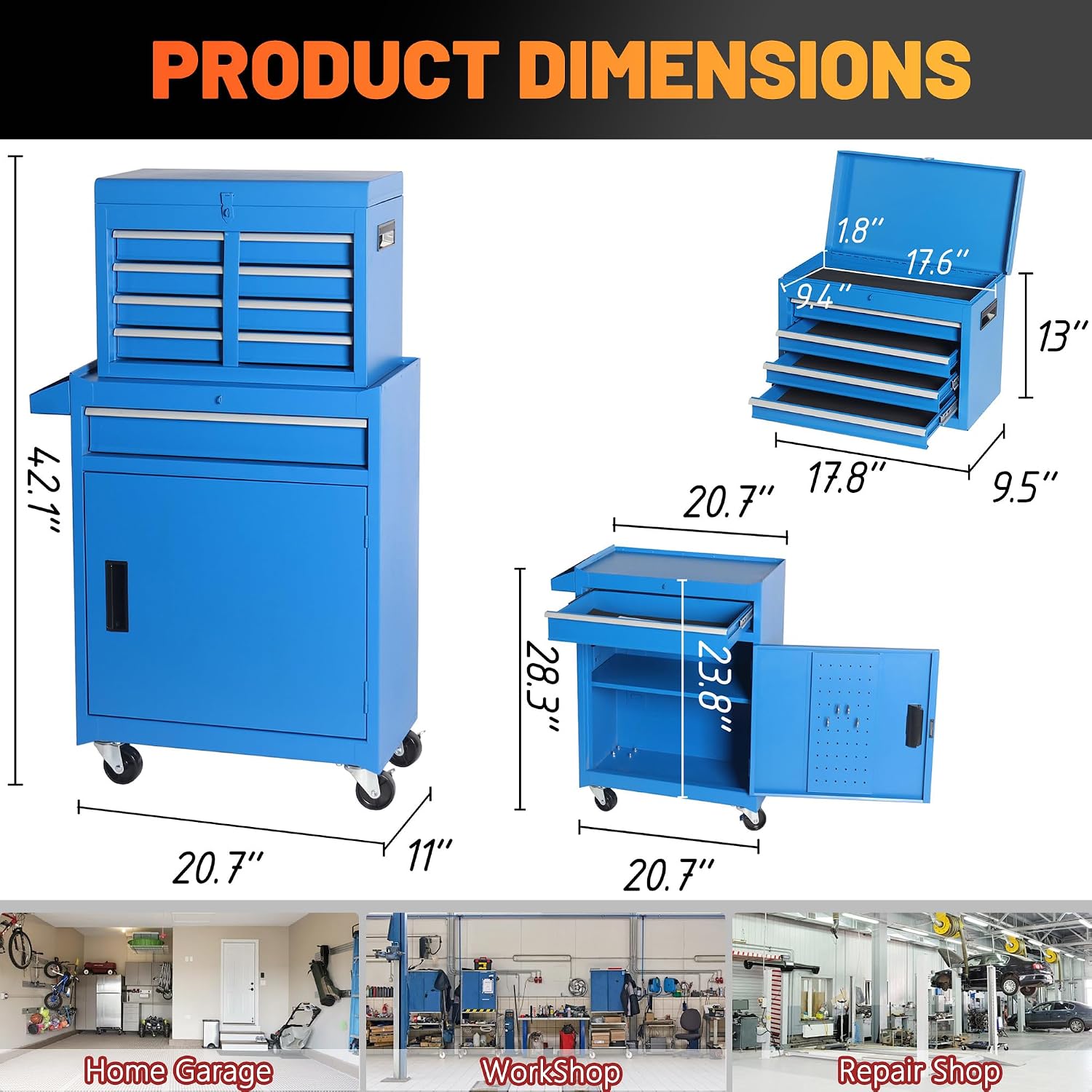 5 Drawers Tool Cart with Wheels & 1 Cabinet,Detachable Portable Top Box,Lock Rolling Tool Chest Trolley Organizer Set,Multifunctional Tool Box w/Storage Lockers for Garage & Workshop (Blue)