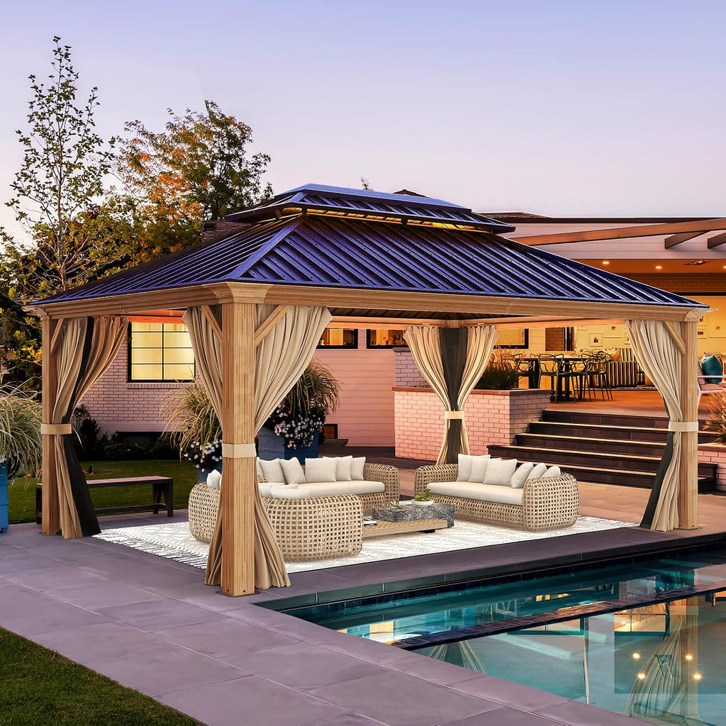YOLENY 12' x 16' Hardtop Gazebo, Wood-Looking Gazebo with Galvanized Steel Double Roof, Aluminum Frame with Netting and Curtains for Deck, Backyard, Patio and Lawns