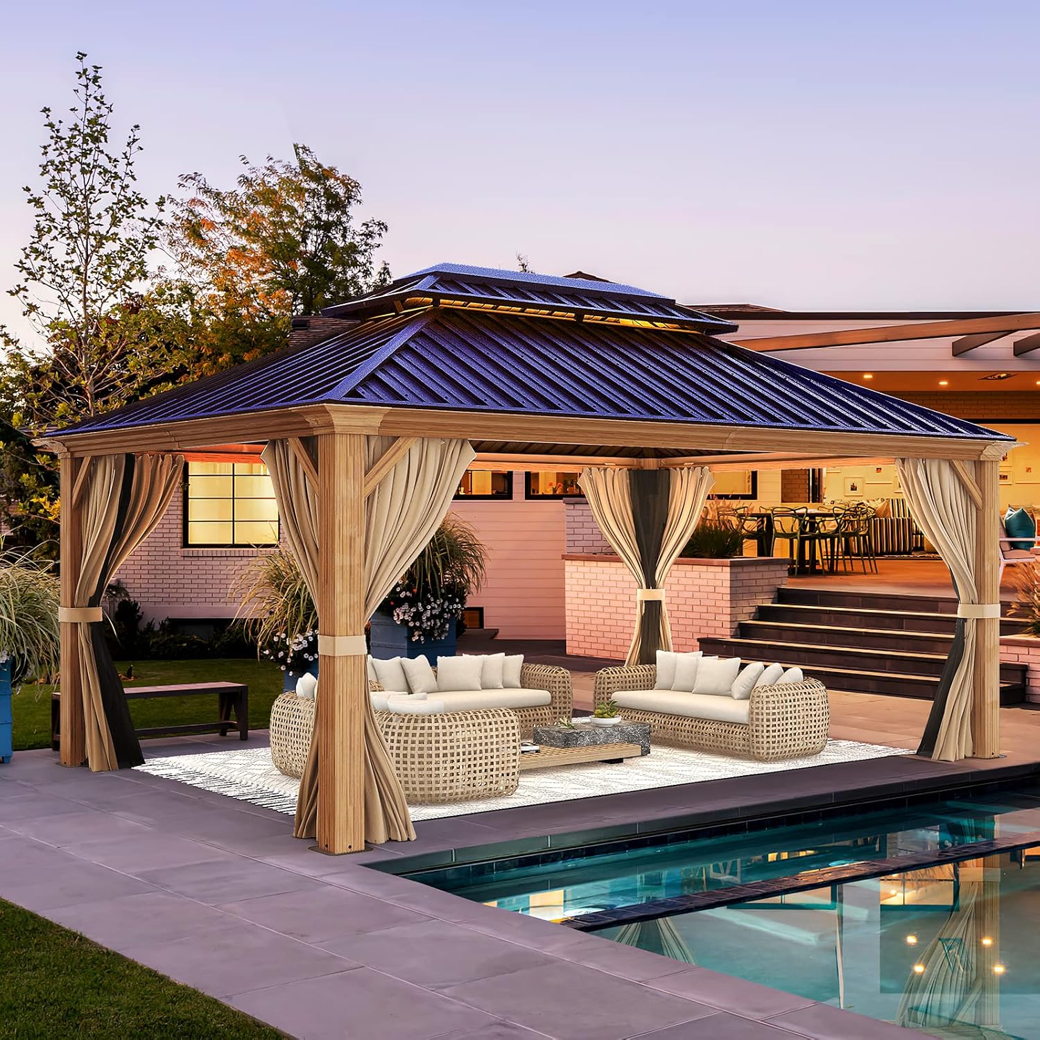 YOLENY 12' x 16' Hardtop Gazebo, Wood-Looking Gazebo with Galvanized Steel Double Roof, Aluminum Frame with Netting and Curtains for Deck, Backyard, Patio and Lawns