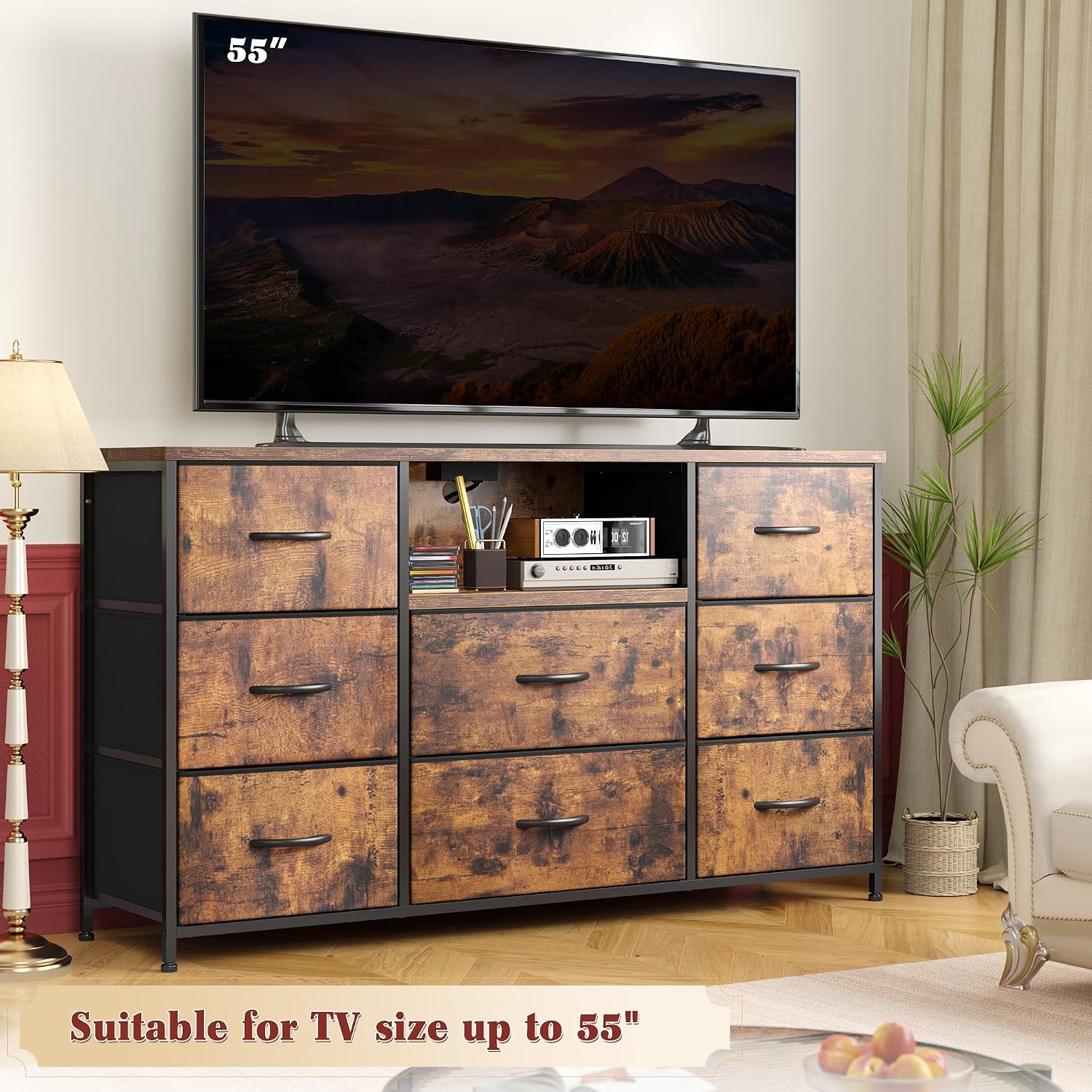 Dresser for Bedroom with Charging Station, 8 Drawers Dressers & Chests of Drawers for 50 55 inch TV, Dresser TV Stand for Bedroom, Fabric Dresser with Open Shelves for Living Room Hallway, Brown