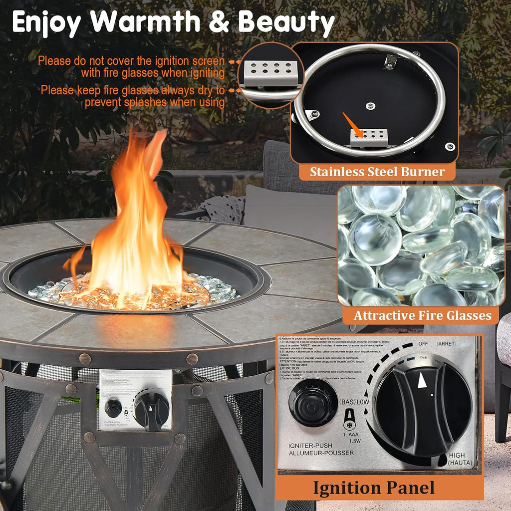 Tangkula 32 Inch Patio Round Fire Pit Table, Patiojoy 30,000 BTU Propane Gas Fire Table with Fire Glasses & PVC Cover, Ceramic Tile Tabletop, Outdoor Fire Table for Backyard, Poolside