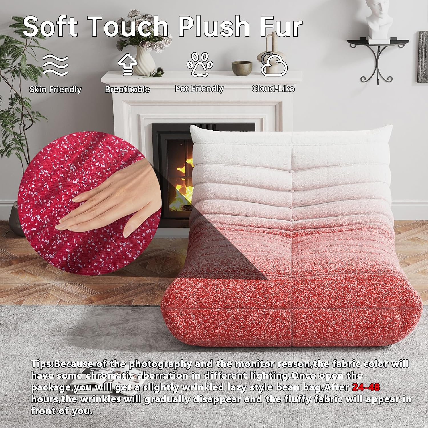 WHGBJA Memory Foam Bean Bag Chair for Adults, Teddy Material Beanbag Sofa with Filler, Cozy Floor Lounge Seat for Living Room, Bedroom, Dorm, Office (Pink White)