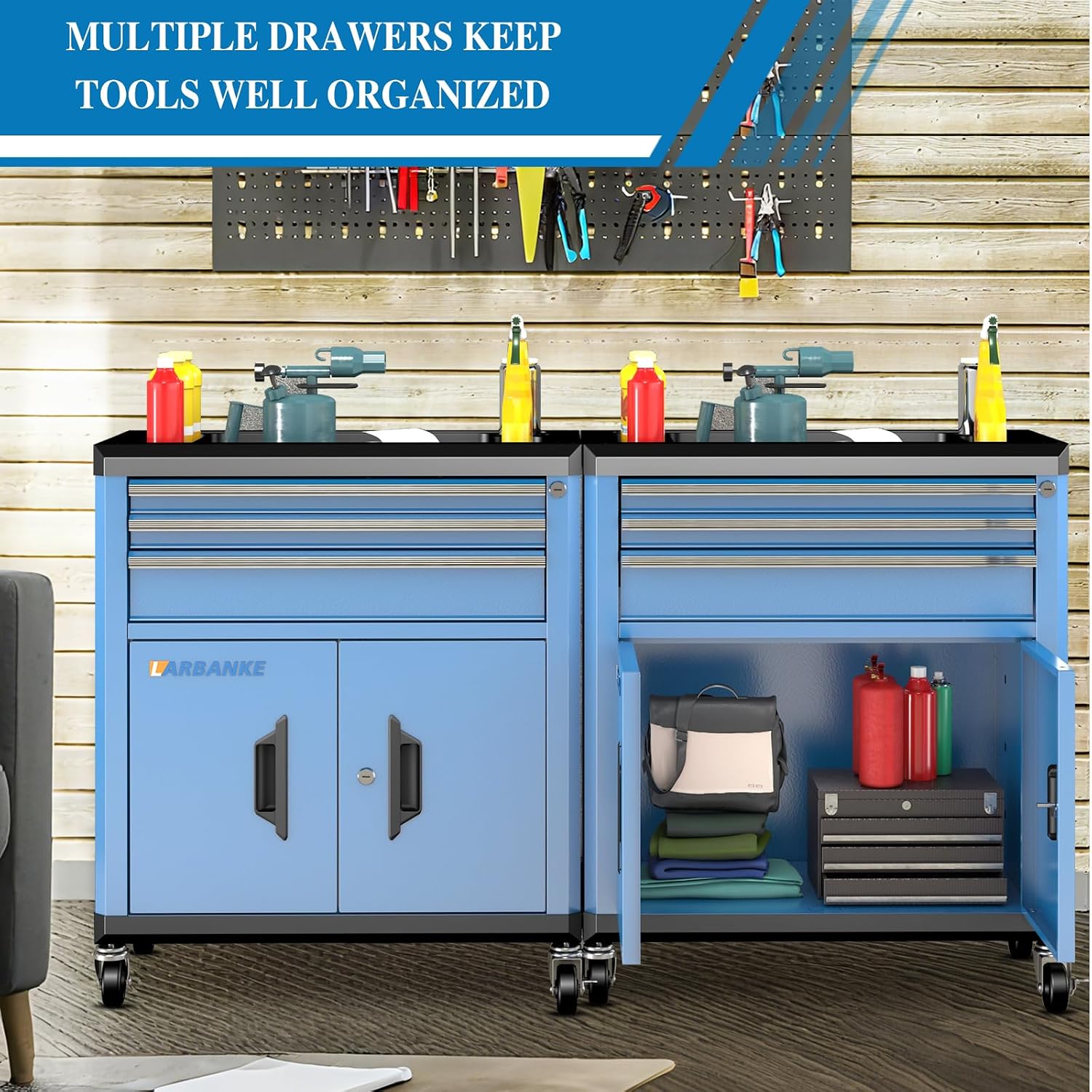 LARBANKE Rolling Tool Chest with Lock&Keys,360° Wheels and Drawer Liners,Tool Cabinet with 3 Drawers&2 Doors,Tool Cabinet Equipped with Connecting Rods for Stacking with 5&7-Drawer Chest