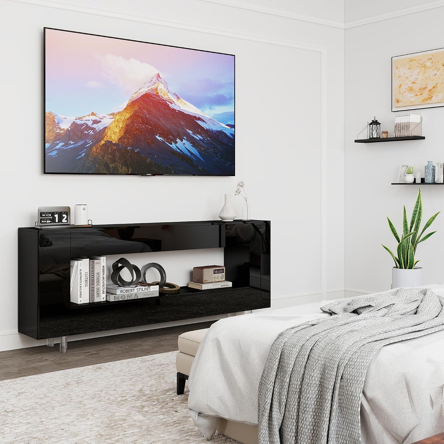 High Gloss TV Stand with 2 Large Drawers & Push-Open Doors - High Gloss Modern TV Console Storage Cabinet for Living Room, Office