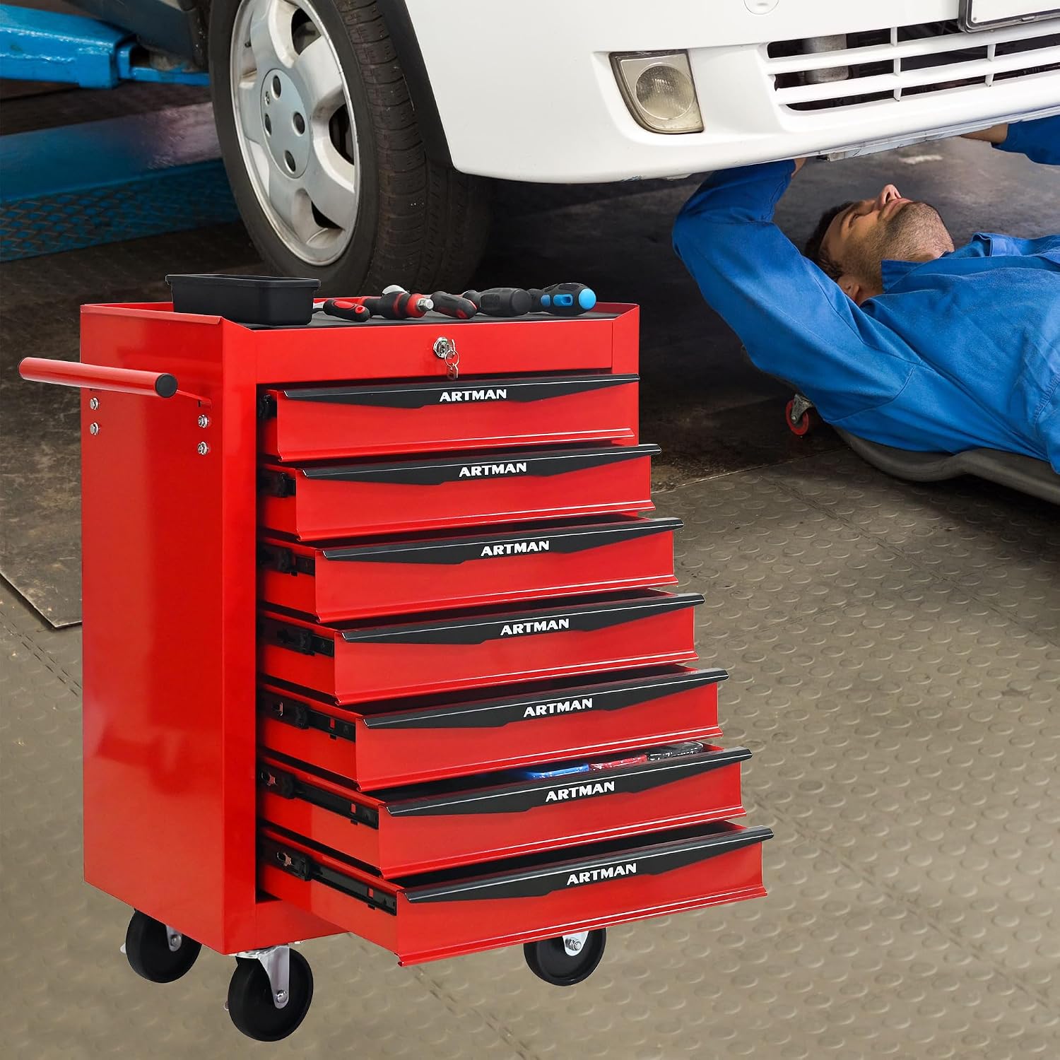 7 Drawers Rolling Tool Box on Wheels, Multifunctional Tool Chest Cabinet with Lock, Drawers Rolling Tool Cart Trolley Organizer Tool Storage Case for Warehouse,Garage,Workshop (Red)