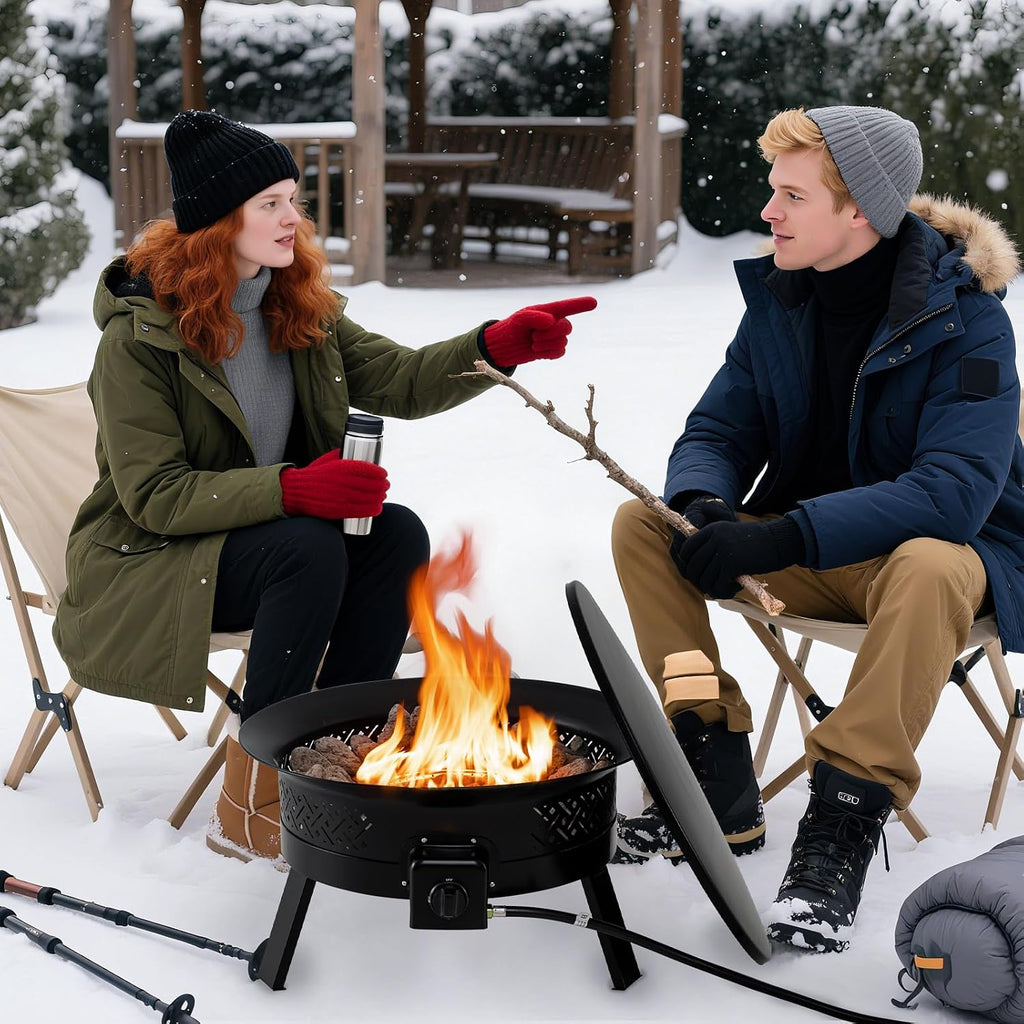 Tangkula Portable Propane Fire Pit, 24.5 Inch 58,000 BTU Smokeless Fire Bowl with Carry Strap, Lid & Folding Legs, Tank Base Holder, Outdoor Gas Fire Pit for Camping Patio Backyard