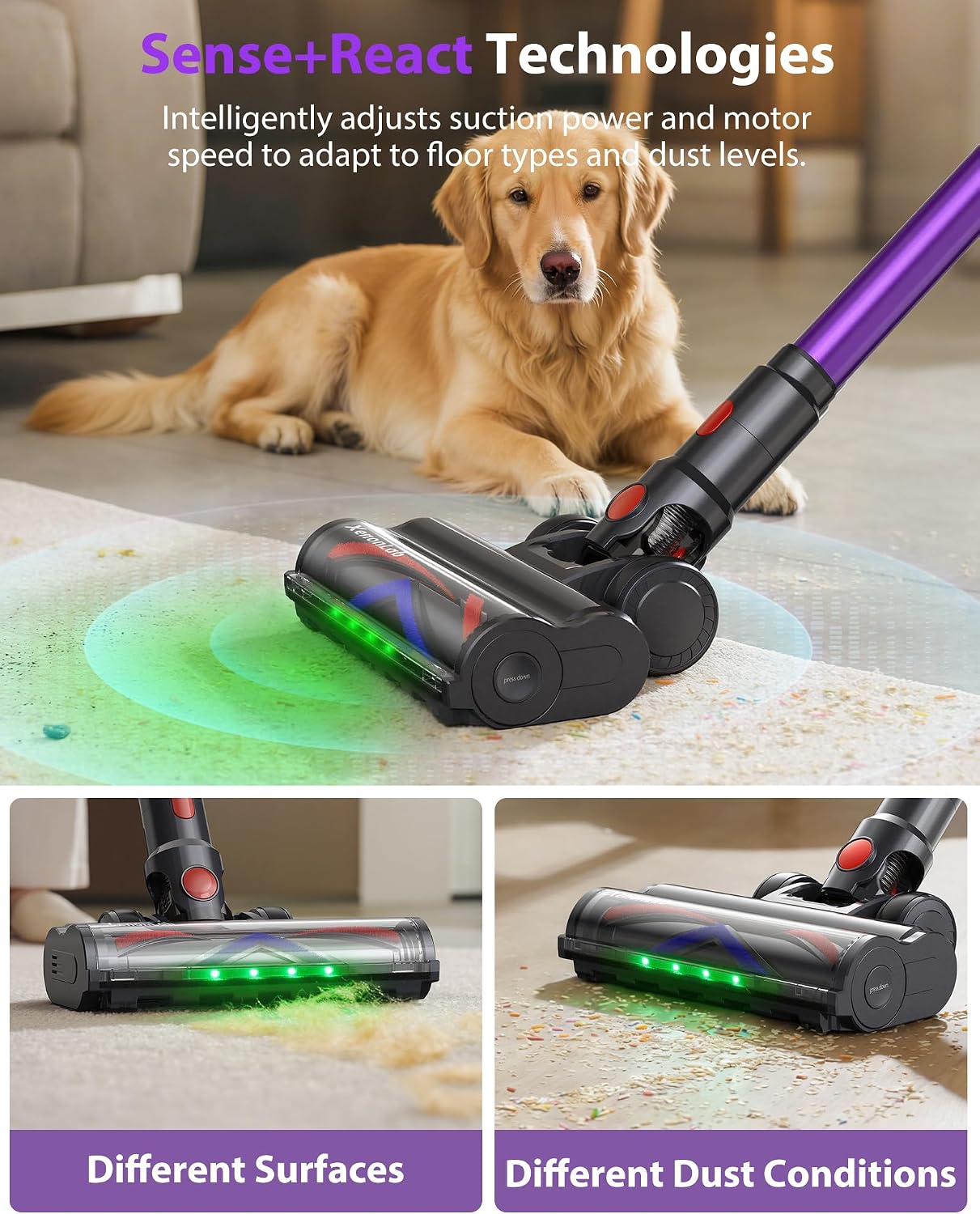 Cordless Vacuum Cleaner, 75Mins/55KPa/650W Freestanding Stick Vacuum Cleaners for Home, Rechargeable, Lightweight, Cone Filtration&Anti-Tangle, for Hard Floor, Carpet, Hardwoods, Pet Hair