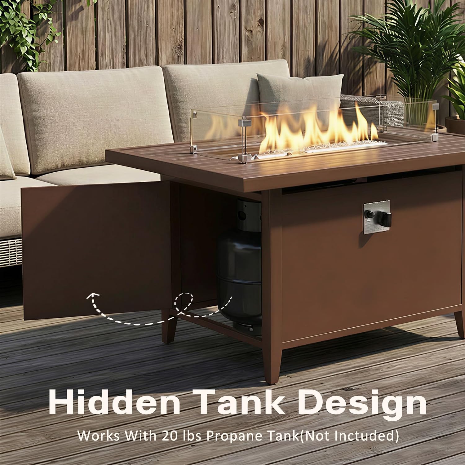 43' Aluminum Propane Fire Pit Table with 55,000 BTU, Rectangle Outdoor Gas Fire Table with Glass Wind Guard, Glass Stones & Waterproof Cover, Patio Fire Table for Backyard, Deck, Garden, Brown