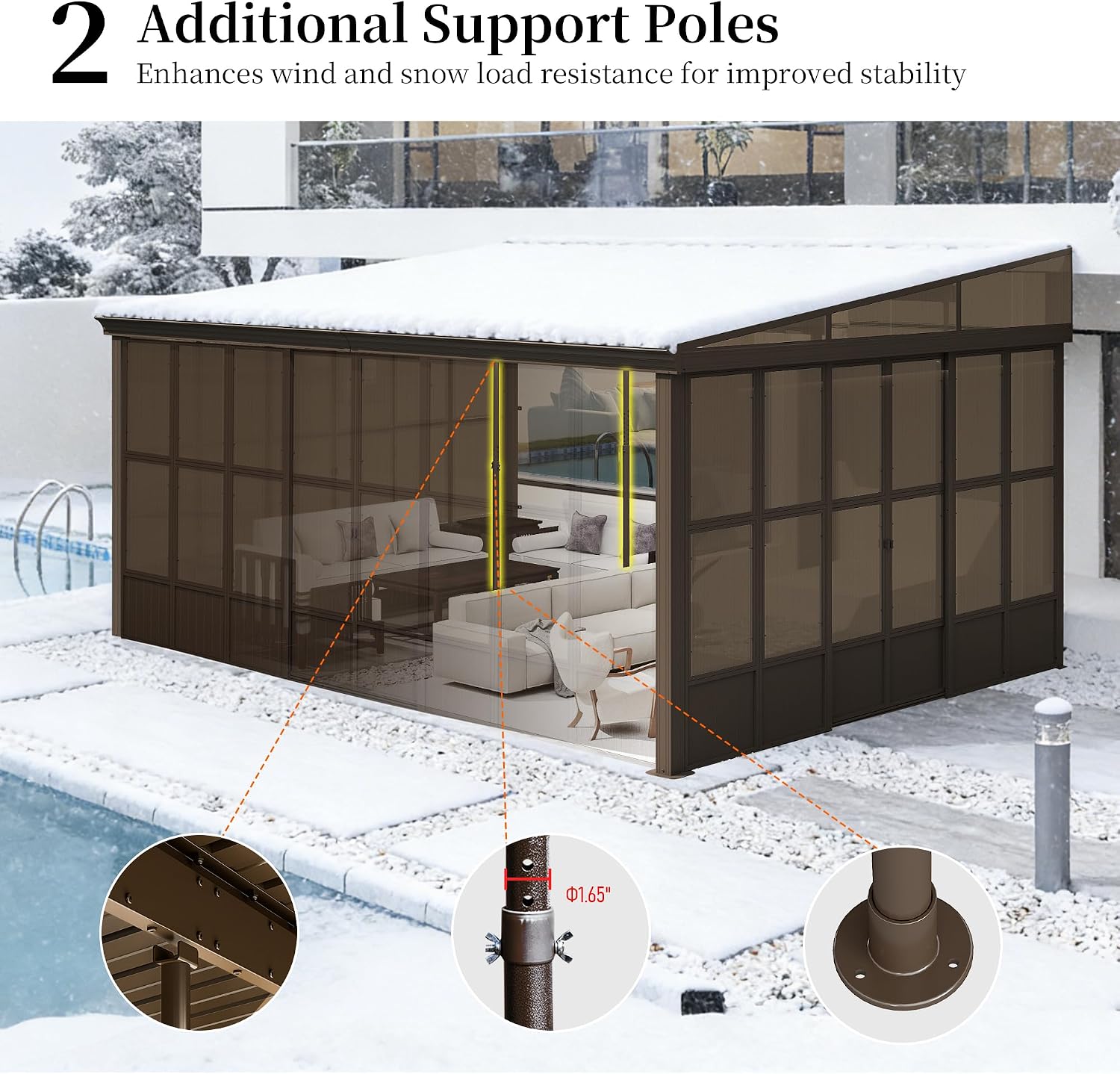 Domi 12x16FT Sunroom, Wall Mounted Sunroom Kit with Galvanized Steel Sloping Roof, Outdoor Sunroom Gazebo with Detachable PC Screen, 3 Sliding Double Doors, Lean to Sun Room for Patio, Deck