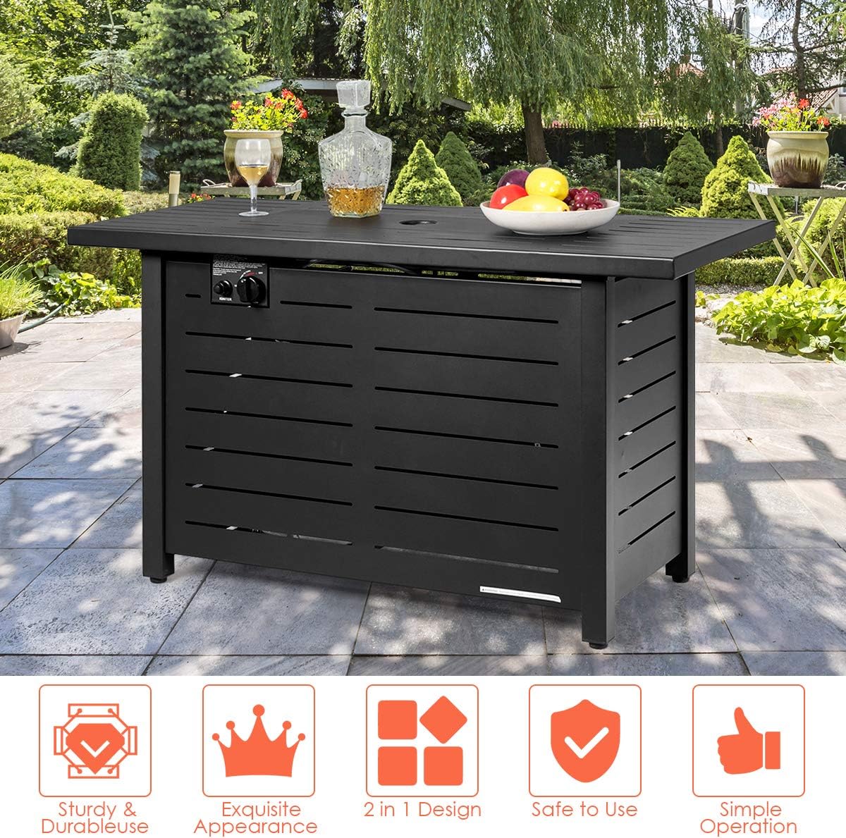Giantex Propane Fire Pit Table, 42 Inch 60,000 BTU Rectangular Gas Fire Table w/Waterproof Cover, Outdoor Electronic Ignition Firepit Table w/Lava Rock for Courtyard Balcony Garden Terrace