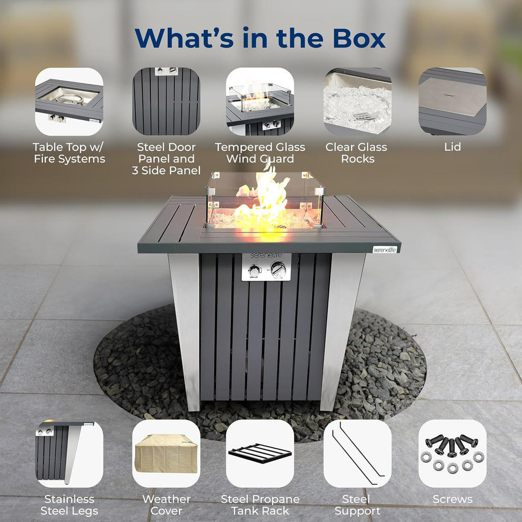 SereneLife Propane Fire Pit Table 50,000 BTU with Sturdy Metal Frame, Stainless Steel Fire Pan, Decorative Glass Rocks, Weather Cover, CSA Certified for Patio, Backyard, or Garden Use