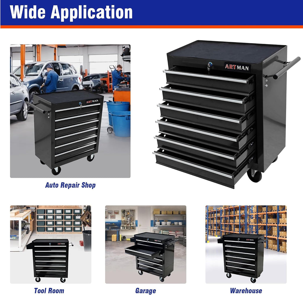 Aokleo 6 Drawers Tool Cart on Wheels, 6 Drawer Rolling Tool Chest with Key Lock, Trolley Organizer Tool Case, Multifunctional Rolling Tool Box for Garage,Warehouse,Workshop,Repair Shop (Black)