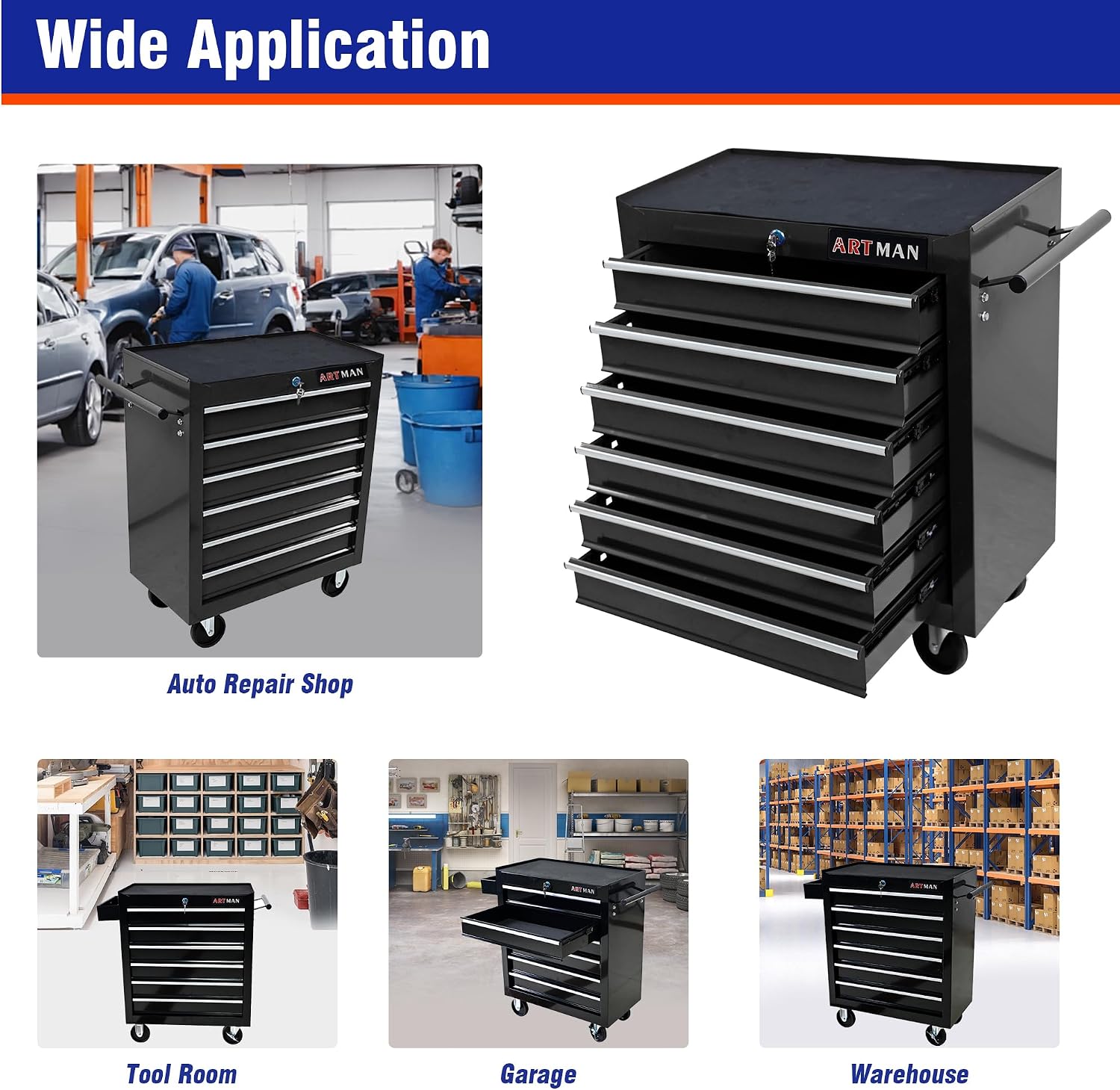 Aokleo 6 Drawers Tool Cart on Wheels, 6 Drawer Rolling Tool Chest with Key Lock, Trolley Organizer Tool Case, Multifunctional Rolling Tool Box for Garage,Warehouse,Workshop,Repair Shop (Black)