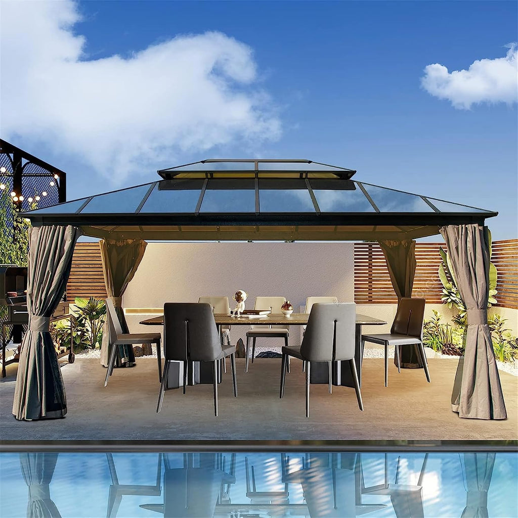 12x16Ft Hardtop Gazebo Wood-Looking Aluminum Frame Patio Gazebos with Polycarbonate Double Roof Permanent Gazebo Pavilion with Curtain and Netting for Garden Patio Lawns Deck Backyard