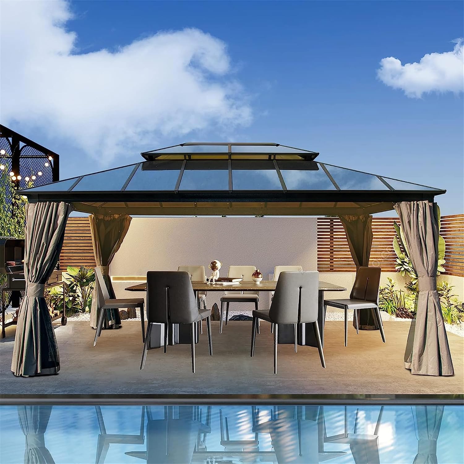 12x16Ft Hardtop Gazebo Wood-Looking Aluminum Frame Patio Gazebos with Polycarbonate Double Roof Permanent Gazebo Pavilion with Curtain and Netting for Garden Patio Lawns Deck Backyard