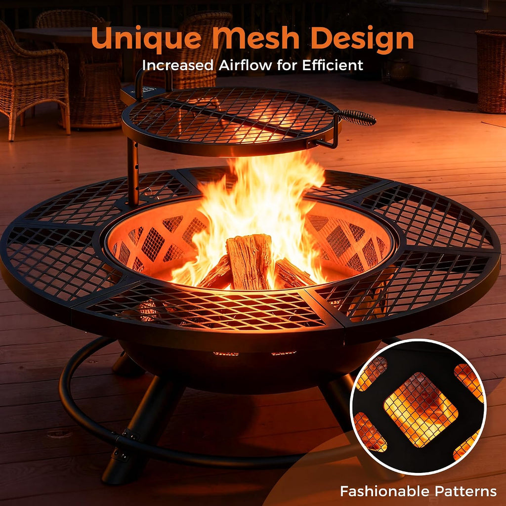 BALI OUTDOORS Fire Pit with Poker, 40 inch Outdoor Fire Pit Patio, Wood Burning Firepits for Outside with Grill