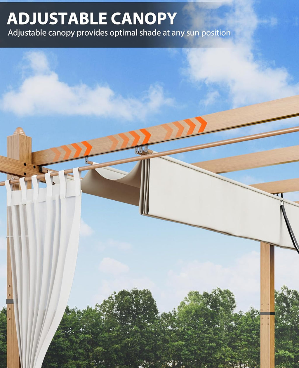 10x10 Ft Retractable Outdoor Pergola with Canopy and Side Mesh, Upgraded Wood-Grain Aluminum Pergola, Modern Pavilion for Backyard, Patio, Porch, Grape Trellis, Beige+White