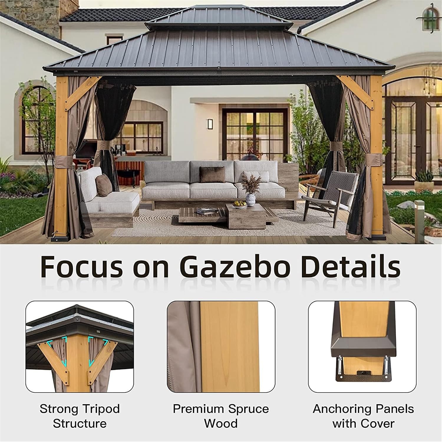 12'x14' Hardtop Gazebo with Cedar Wood Frame, Outdoor Wood Gazebo with Galvanized Steel Double Roof, Permanent Metal Roof Gazebo with Curtains and Netting for Patio, Backyard and Lawn(Brown)