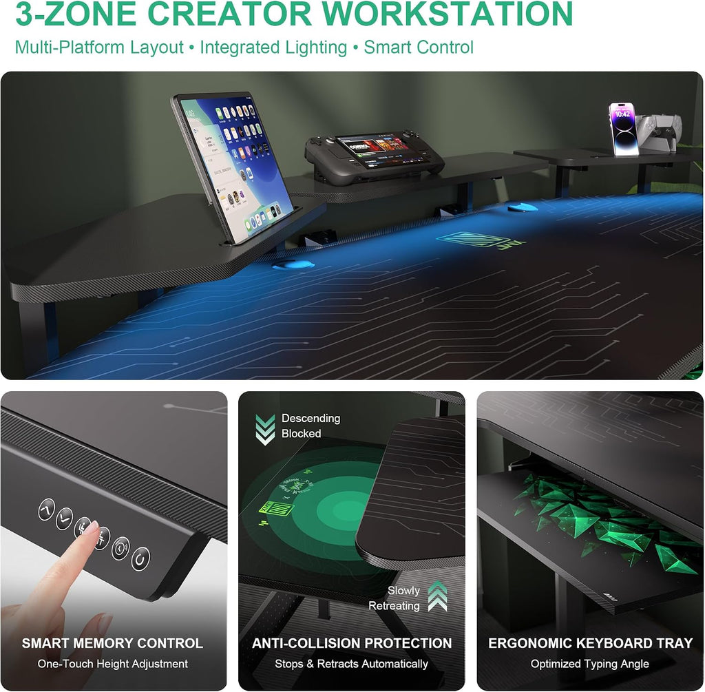 JWX 72' Height Adjustable Gaming Desk, 3-Zone Creator Workstation with Acrylic RGB Lighting, Keyboard Tray & Full Desk Mouse Pad, Dual Motor Sit Stand Desk for Streaming, Studio & Home Office