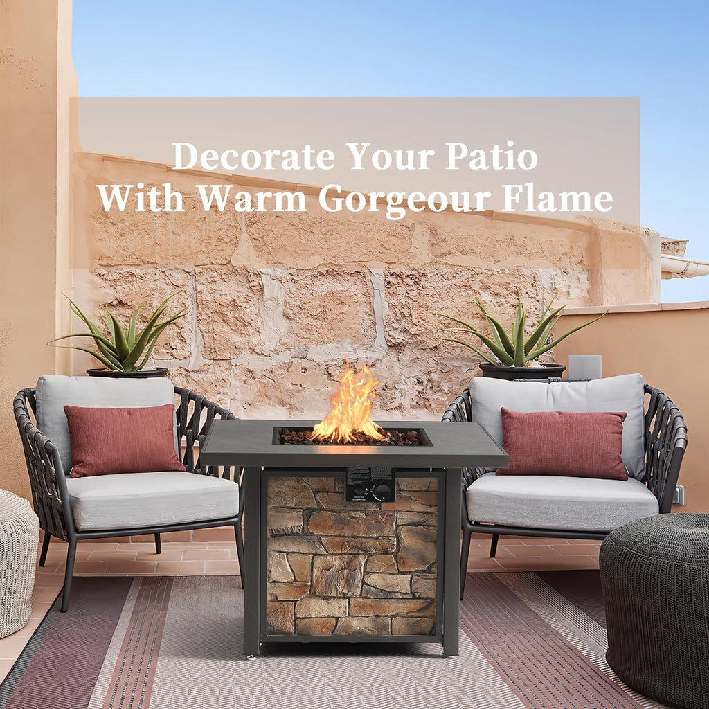 36'' Propane Gas Fire Pit Table, Sintered Stone Tabletop & Polyresin Stone Look Panel, 50000 BTU Gas Fire Pit for Outside Patio and Garden, with Metal Lid & Lava Rocks