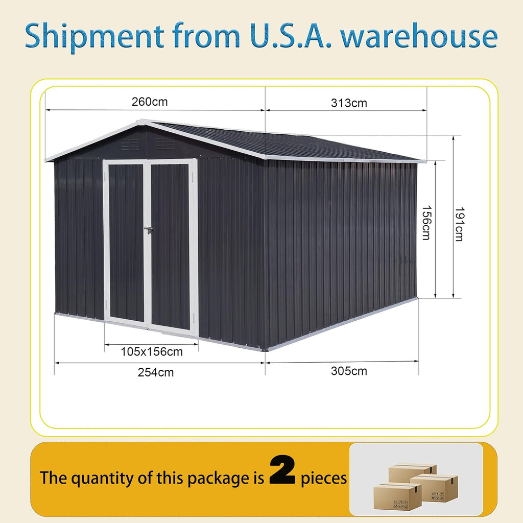Shed with Windows,Large Metal Outdoor Storage Shed, Lockable Tool Storage shed, Steel Garden shed, Suitable for Backyard, Terrace, and Poolside (Dark Grey, 10FTx8FT)
