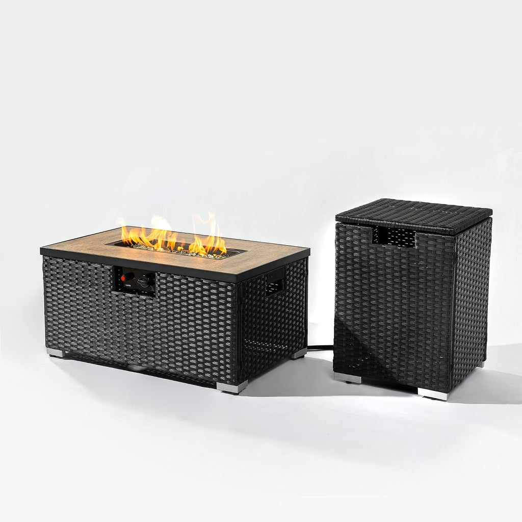 32in Gas Fire Pit Table Set, 50,000 BTU Propane Fire Pit Table Outdoor with Rain Cover, Hideaway Tank Holder Fits 20lb Tank, Gas Fire Pit for Outside w/Ceramic Tabletop and lid, Glass Rocks.