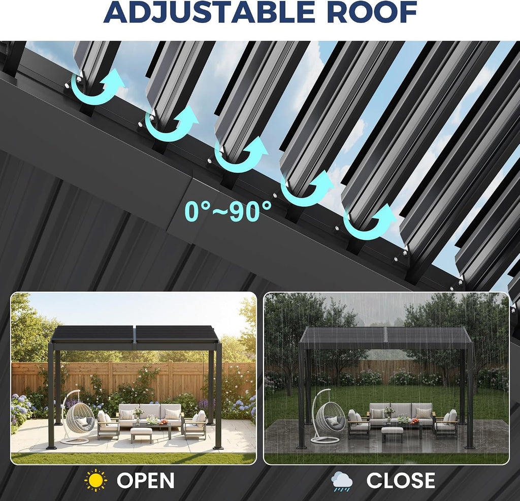 10' x 12' Louvered Pergola, Outdoor Pergola with Metal Adjustable Louvered Roof & Gutter System, Hardtop Patio Gazebo for Backyard, Patio, Garden, Dark Gray