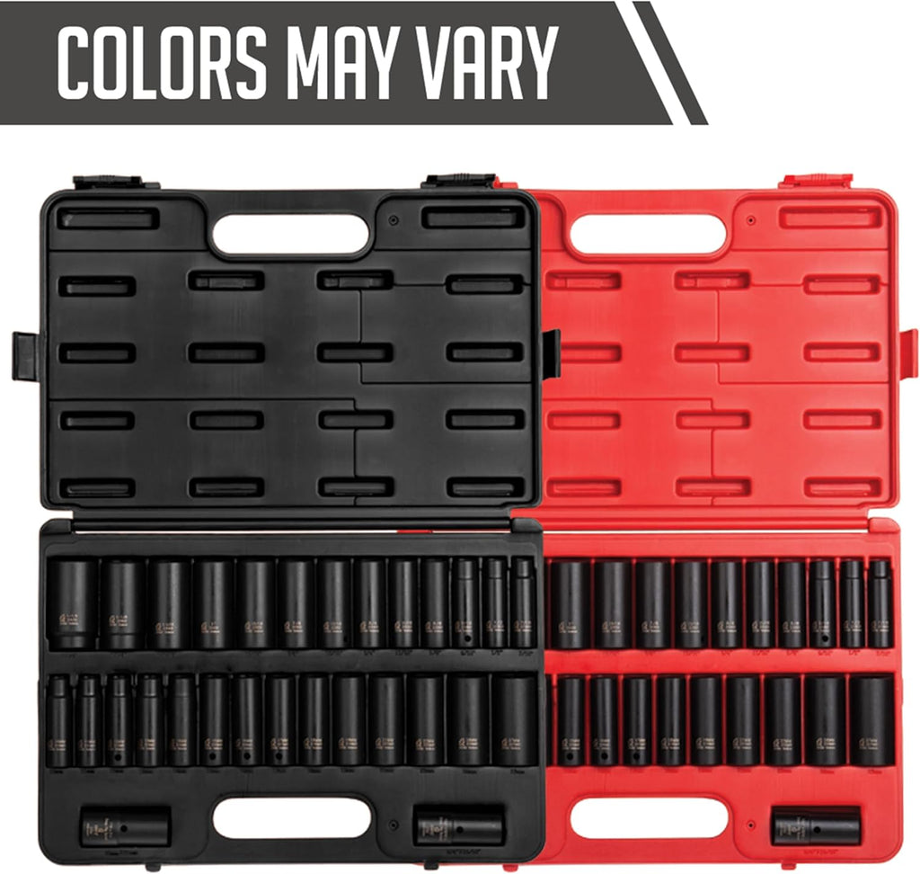 SUNEX TOOLS 5153DD, 1/2 Inch Drive Master Impact Socket Set, Double Deep, 29-Piece, SAE/Metric, 7/16'-1-1/4', 10mm-27mm, Cr-Mo Steel, Radius Corner Design, Dual Size Markings, Heavy Duty Storage Case