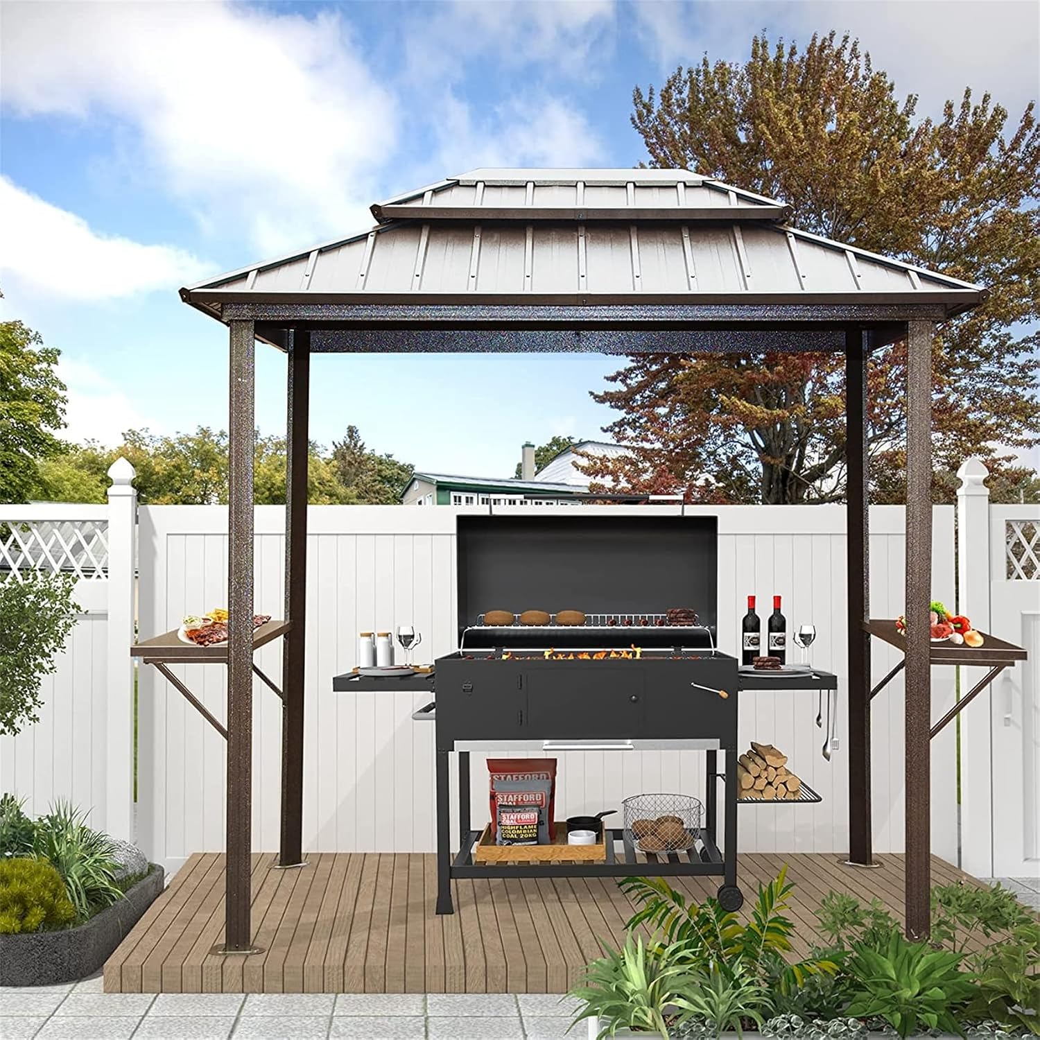 8'X6' Grill Gazebo Hardtop, Steel Grill Gazebo with Two Shelves Serving Tables, Permanent Double Roof Hard Top Gazebo, Heavy Duty Aluminum BBQ Gazebo for Patio, Deck, Backyard and Garden (Brown)