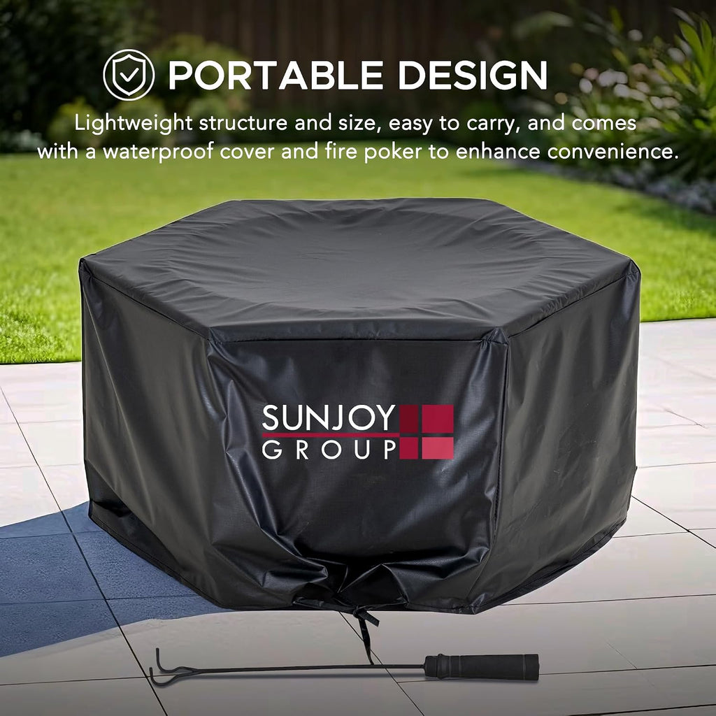 SUNJOY Smokeless Fire Pit 28-Inch Hexagonal Firepit for Outdoor, Stainless Steel Wood Burning Fireplace with Removable Ash Pan, PVC Cover and Fire Poker, Ideal for Camping, Bonfire, Backyard, Black