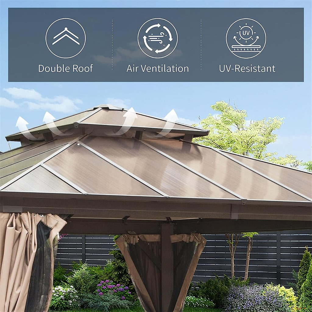 12x12Ft Hardtop Gazebo Outdoor Patio Gazebos with Polycarbonate Double Roof Aluminum Frame Pavilion with Curtain and Netting for Garden Patio Lawns Deck Backyard, Brown