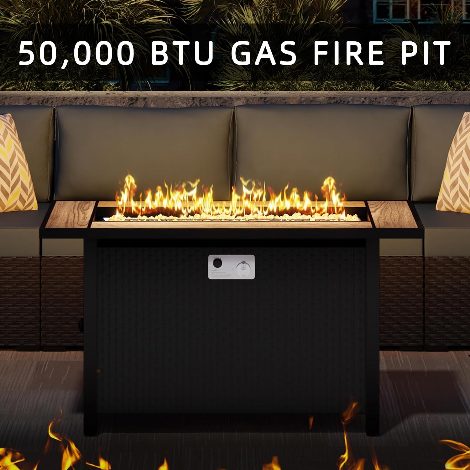 45 Inch Propane Fire Pit Table, 50,000 BTU Outdoor Gas Fire Pit for Patio & Backyard, Rectangular Firepit Table with Lava Rocks, 2-in-1 Convertible Outdoor Table