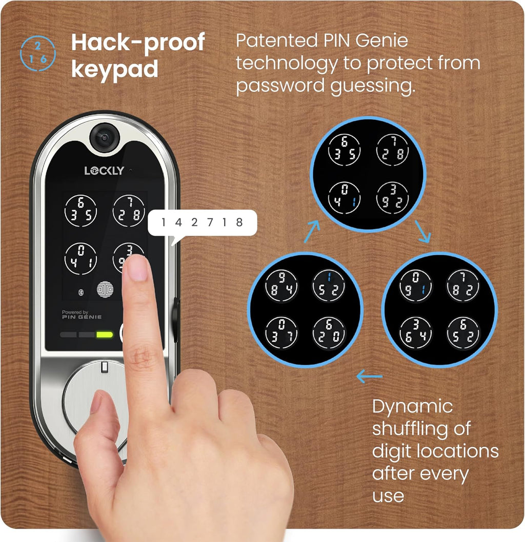 Lockly Vision Smart Lock, HD Video Doorbell Smart Locks for Front Door, Fingerprint Door Lock, Touchscreen Keypad, App Control, No Monthly Fee, Auto Lock - Satin Nickel