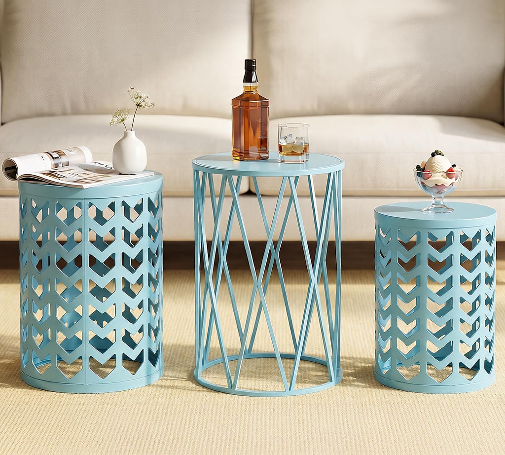 Y&M Set of 3 Round Heavy-Duty Side Table End Table, Coffee Table for Indoor Multifunctional Use, Outdoor Decorative Garden Stool Plant Stand-Light Blue