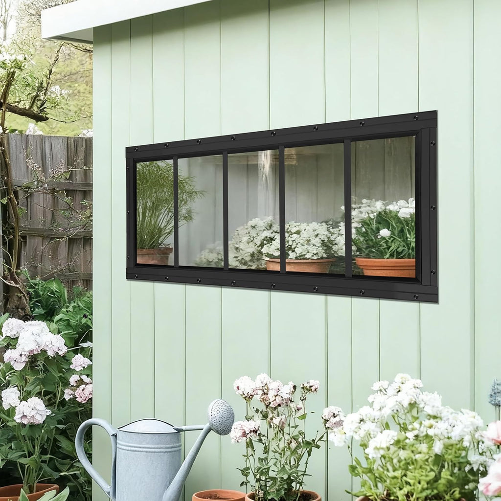 Shed Windows 2 Pack, Transom Windows 10' x 29' with Tempered Glass, Garage Doors Window for Shed, Chicken Coop, Playhouse, Household (Black)