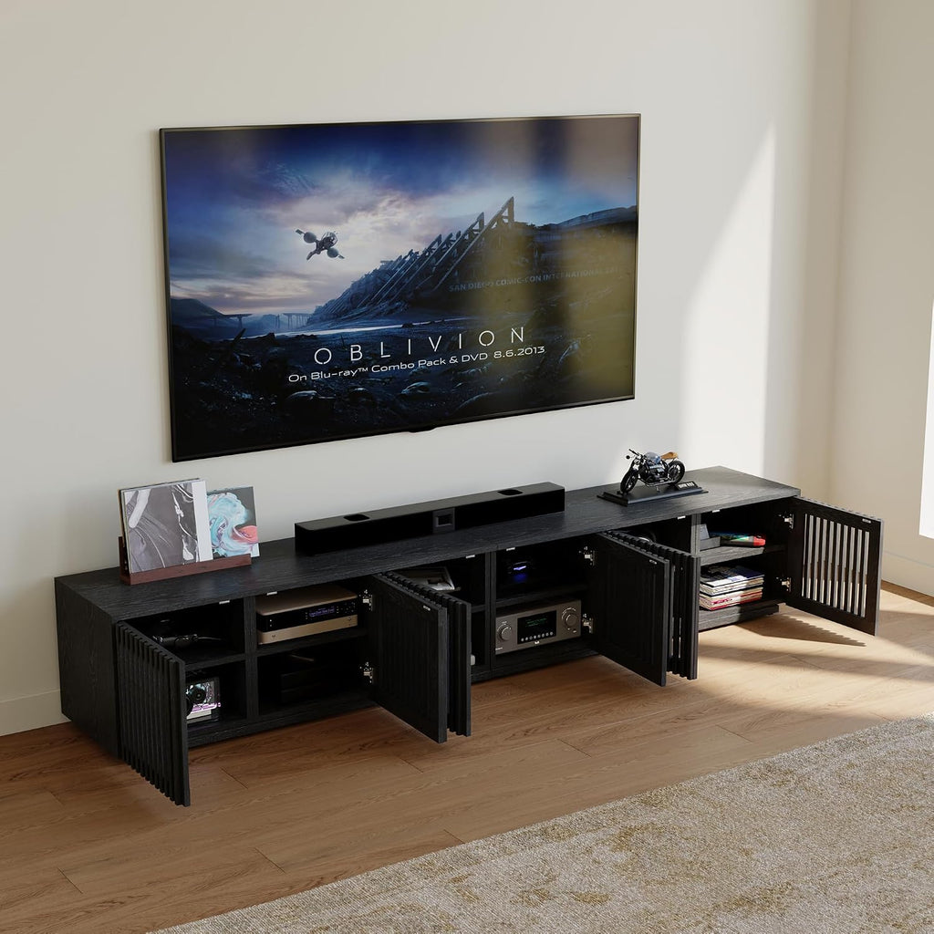 POVISON Full Assembled Mid Century Modern TV Stand, 95'' Wood Slatted TV Media Console for 85+ inch TV, Entertainment Center with Storage for Living Room Bedroom