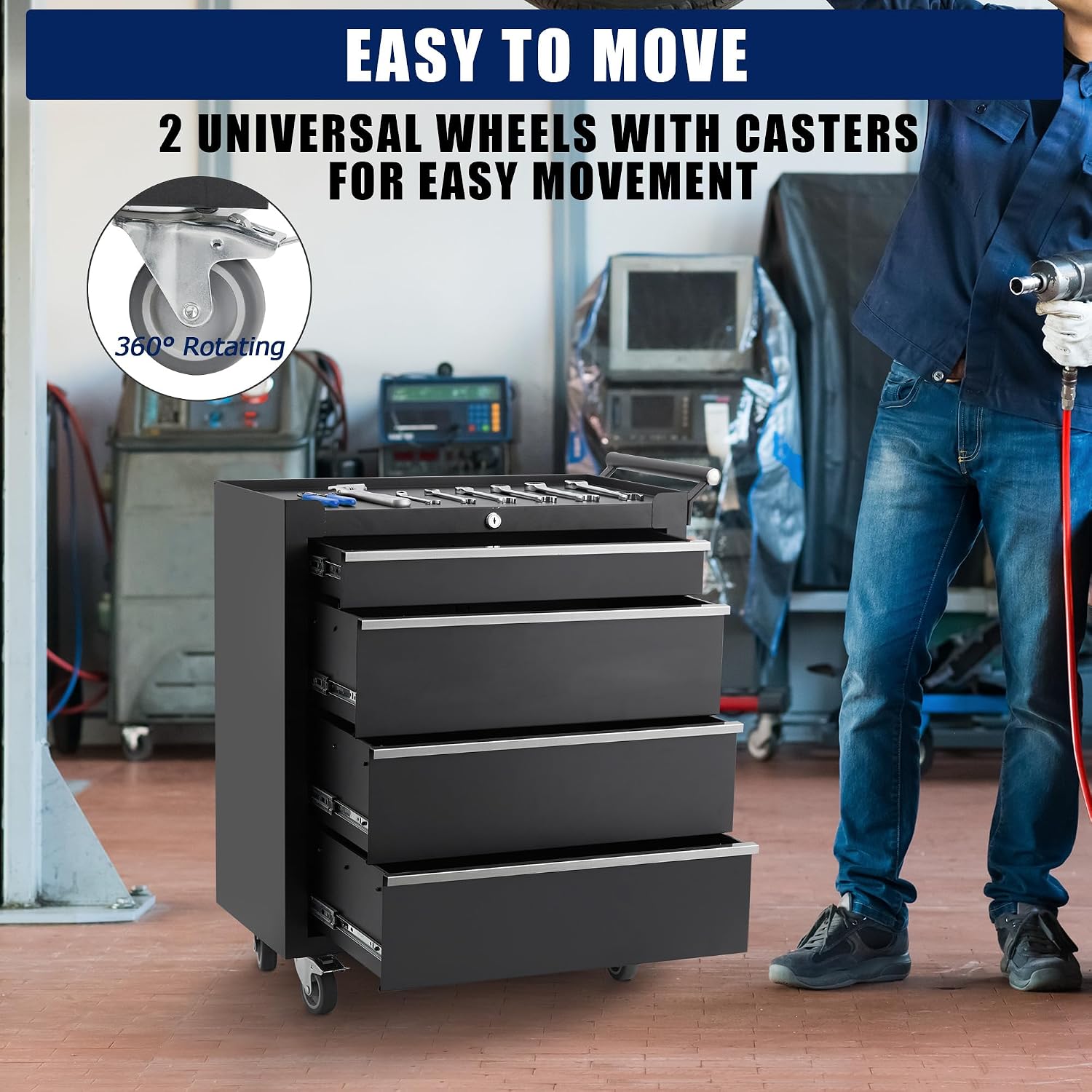 Rolling Tool Chest, 4 Drawers Tool Storage Cabinet with Wheels, Portable Tool Cabinet Organizer with Locking System & Drawer Liners,Universal Lockable Wheels, Tool Storage Cart for Garage, Workshop