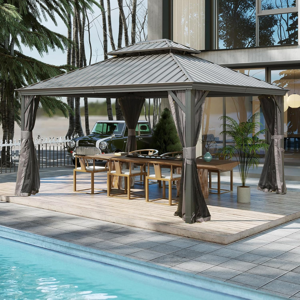 10' x 12' Hardtop Gazebo, Outdoor Aluminum Gazebo with Galvanized Steel Double Roof Canopy, Outdoor Permanent Metal Pavilion with Curtains and Netting for Patio, Backyard and Lawn, Dark Grey