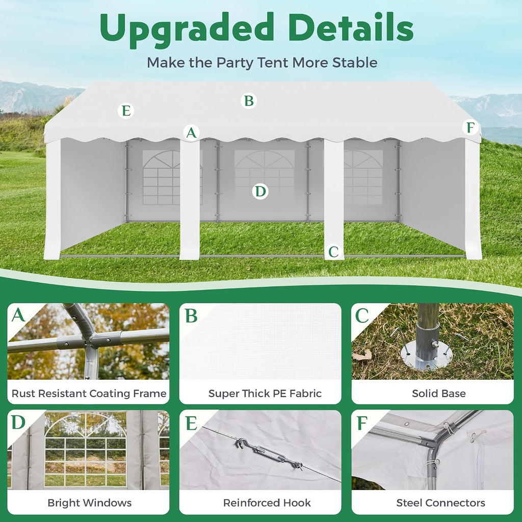 EROMMY 20x20ft Party Tent, Heavy Duty Large Wedding Canopy Outdoor Carport with 6 Removable Sidewalls, 2 Roll-up Doors, 2 Storage Bags, Gazebo Shelter Tent for Party Event Commercials, White