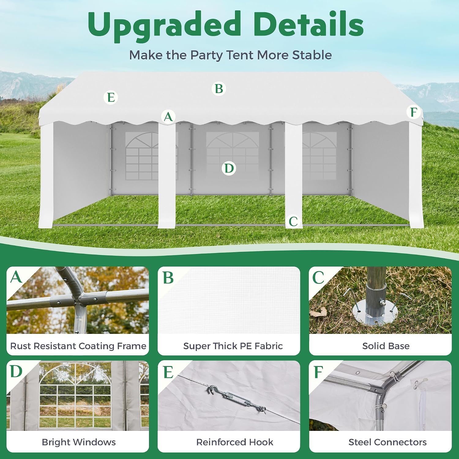 EROMMY 20x20ft Party Tent, Heavy Duty Large Wedding Canopy Outdoor Carport with 6 Removable Sidewalls, 2 Roll-up Doors, 2 Storage Bags, Gazebo Shelter Tent for Party Event Commercials, White