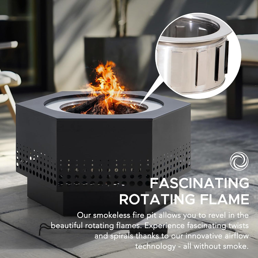 SUNJOY Smokeless Fire Pit 28-Inch Hexagonal Firepit for Outdoor, Stainless Steel Wood Burning Fireplace with Removable Ash Pan, PVC Cover and Fire Poker, Ideal for Camping, Bonfire, Backyard, Black